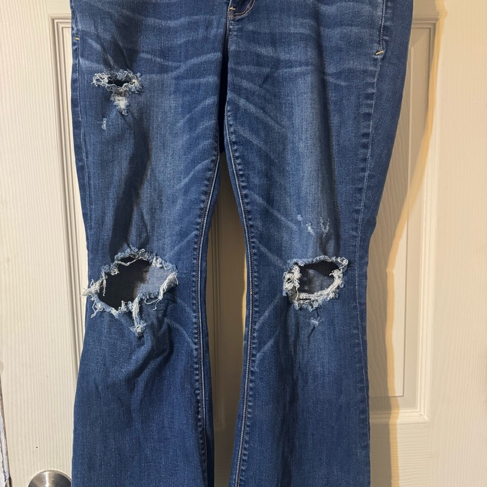 American Eagle Outfitters Blue Ripped Flare Super Stretch Jeans - Picture 4 of 11